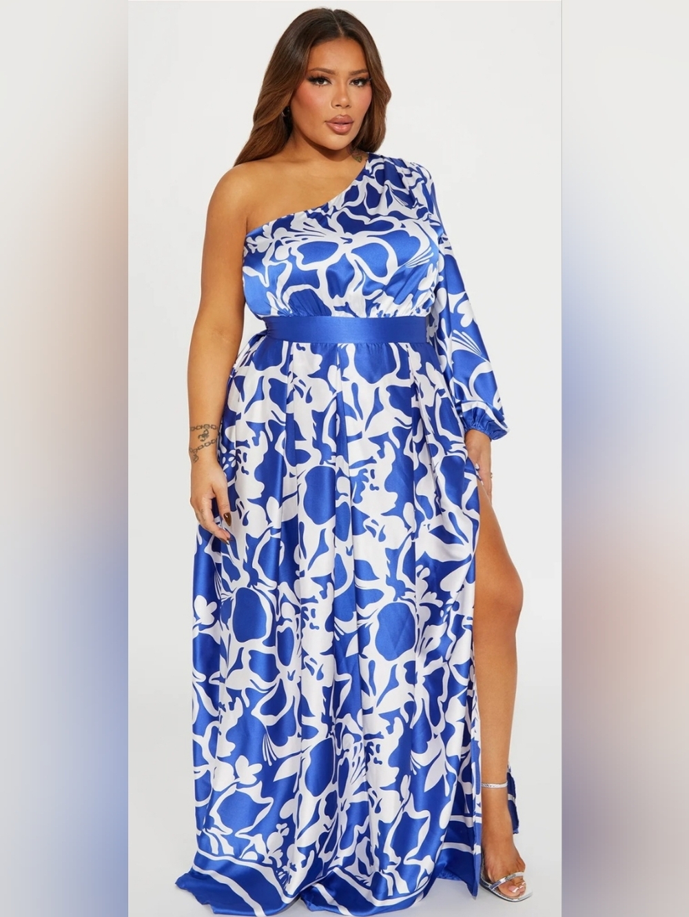 Fashion Nova One-Shoulder Blue and White Floral Satin Maxi Dress